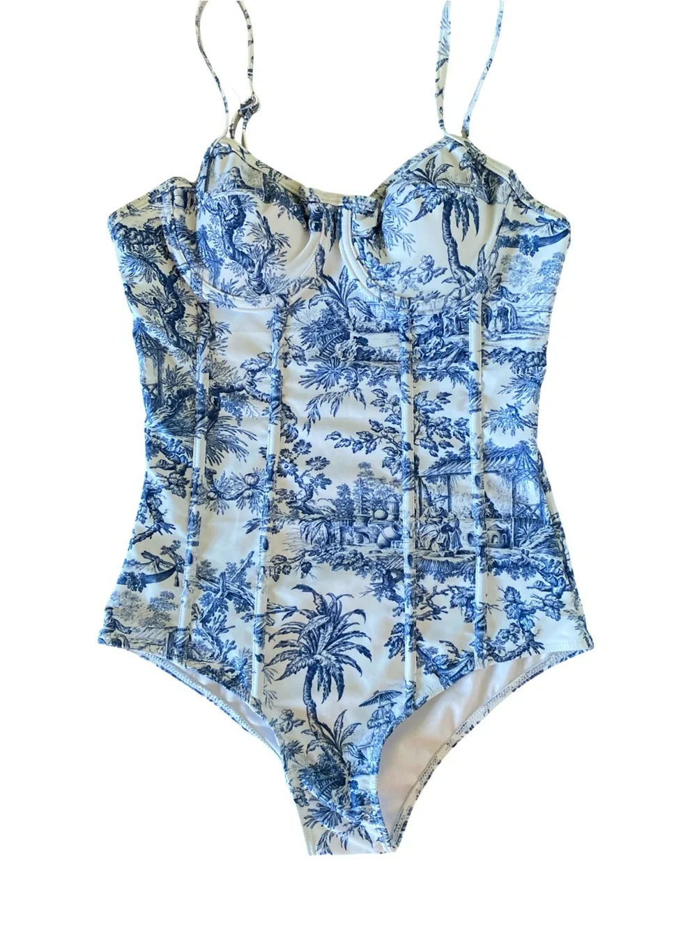 Blue and White Toile One-Piece Swimsuit -S